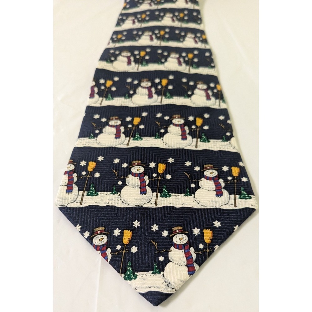 Robert Stock Hand Made Blue Silk Tie Geometric Striped Christmas Snowmen 56x4